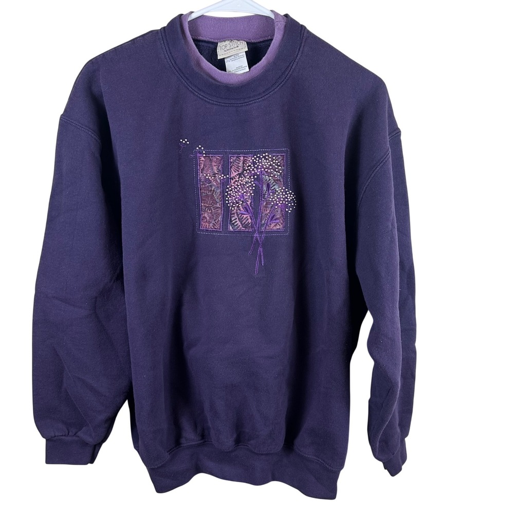 Top Stitch Sweatshirt Womens 2XL Purple Floral Embroidered Beaded Pullover Crew
